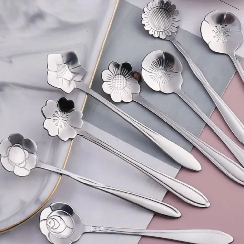 Set of 8 Silverware Flower Heart Stainless Steel Spoons, 8 Piece Flower Spoons